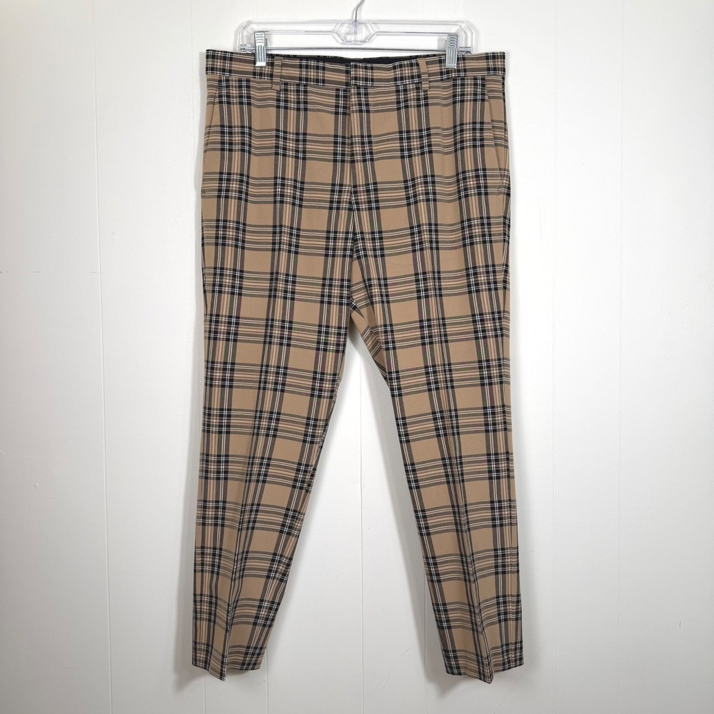 H&M Slim Fit Plaid Ankle Trousers Tan Black Check High Rise Size 33 Academia